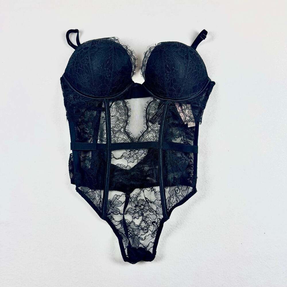 Victoria's Secret Very Sexy Black Floral Lace Bombshell Push-Up Teddy Sz M